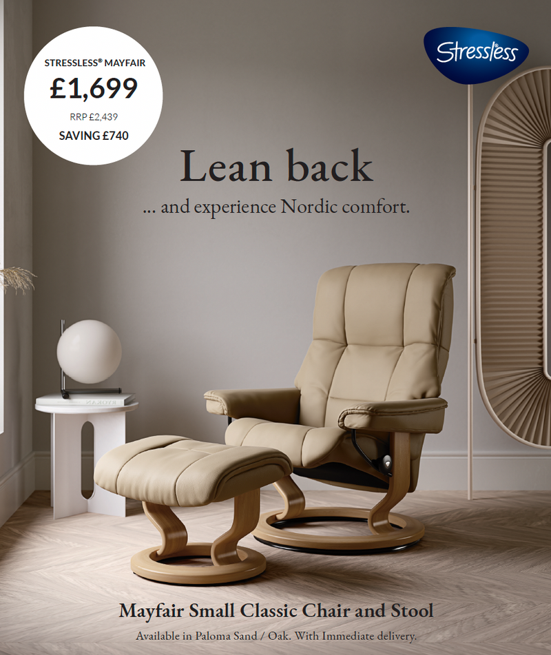 Small Stressless Mayfair Recliner and Stool in Paloma Sand Leather