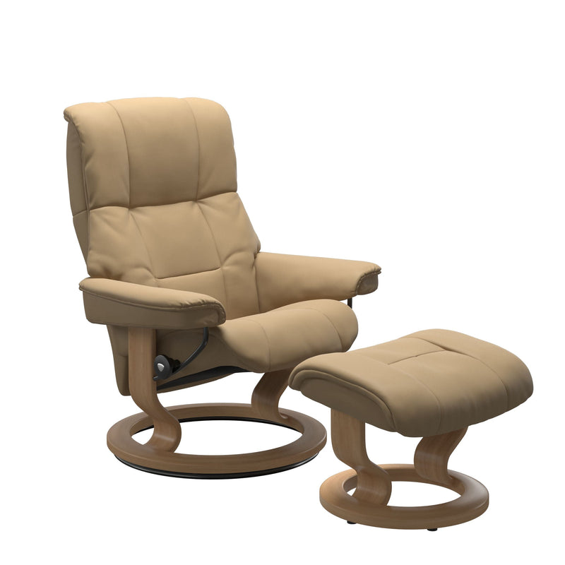 Large Stressless Mayfair Recliner and Stool in Paloma Sand Leather