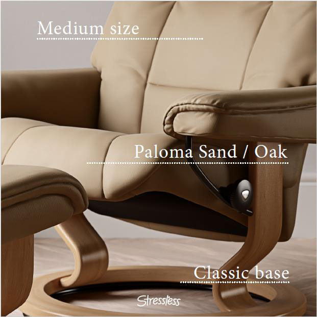 Medium Stressless Mayfair Recliner and Stool in Paloma Sand Leather