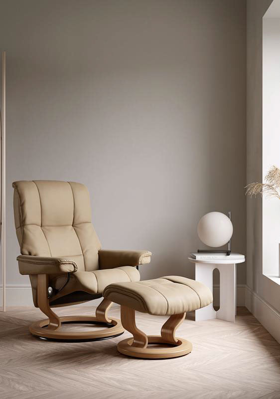 Small Stressless Mayfair Recliner and Stool in Paloma Sand Leather